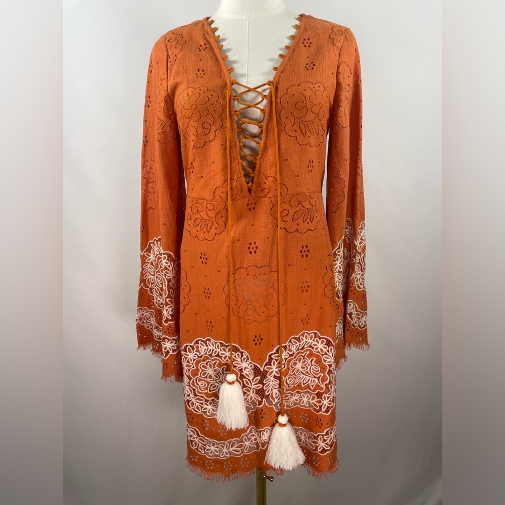 ✨ 1st Sight Orange Embroidered Lace-Up Boho Mini Dress Size M✨